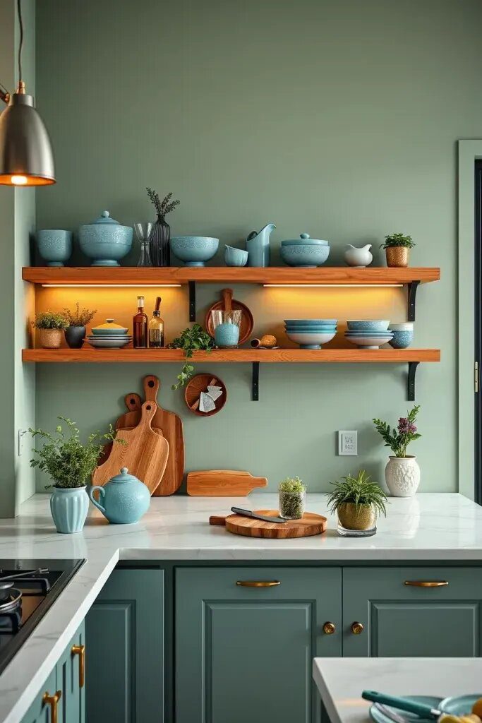 Sage and Blue Open Shelving for a Natural Look
