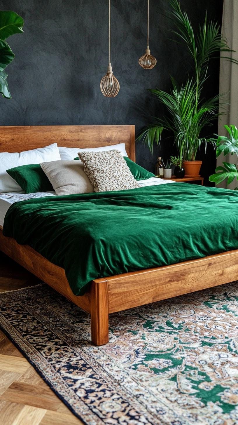 14. Low Wood Bed Frame With Patterned Rug And Green Bedding