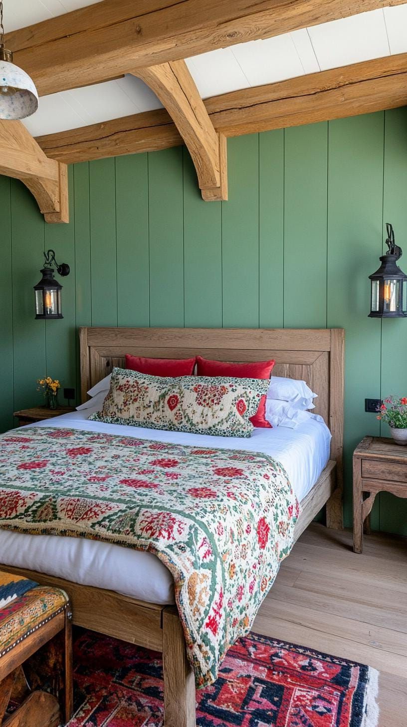 12. Rustic Farmhouse Bedroom with Sage Green Panels and Lantern Lighting - photo 2