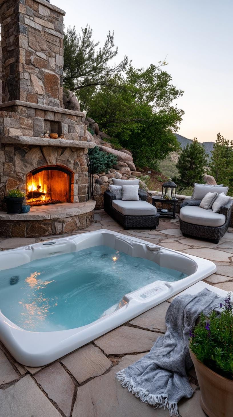 2. Relaxing outdoor space with a hot tub and cozy fireplace