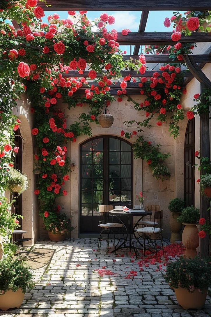 11. Rose-Covered Pergola Patio Ideas