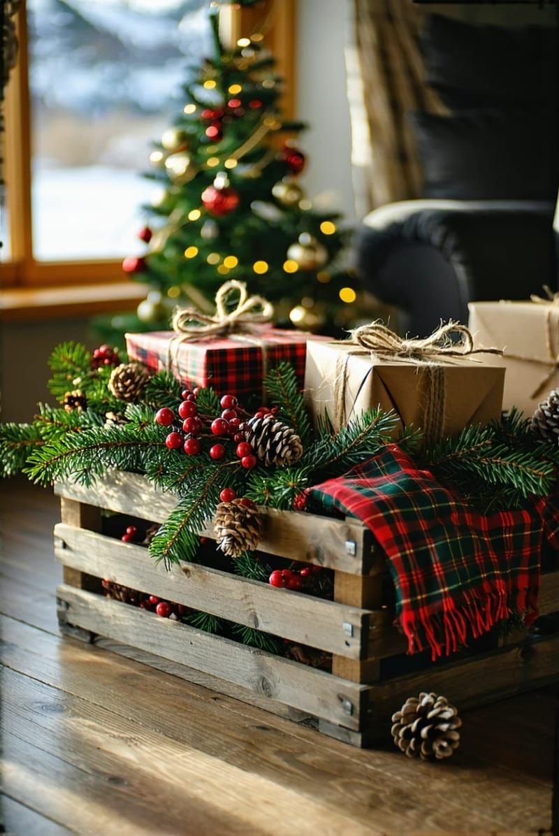 3. Wooden crate centerpiece with plaid gifts and pine branches - photo 2