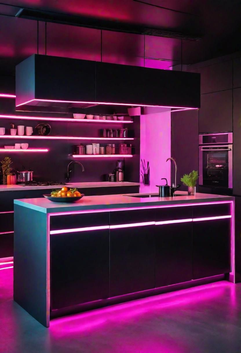 30. Neon Accents Inside a Monochrome Kitchen