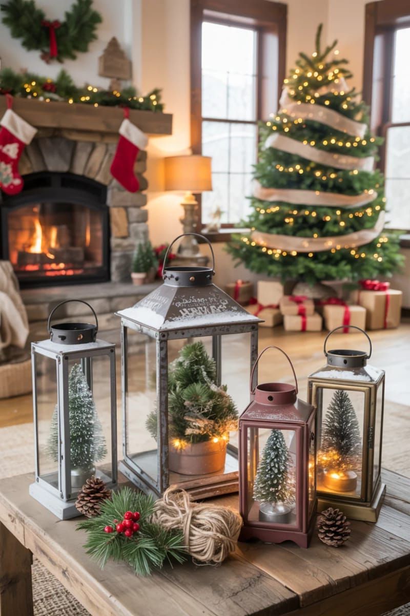 11. Rustic lanterns with mini pine trees and fake snow - photo 3