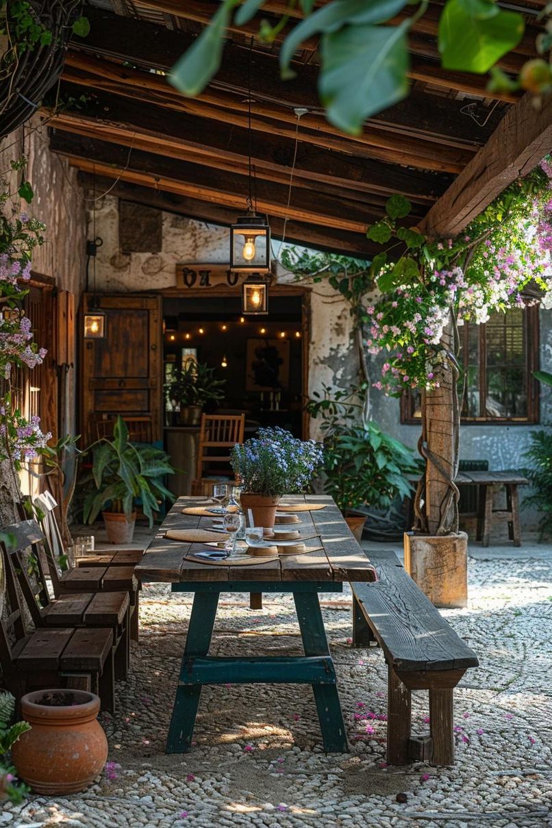 10. Vintage-Style Picnic Benches Outdoors