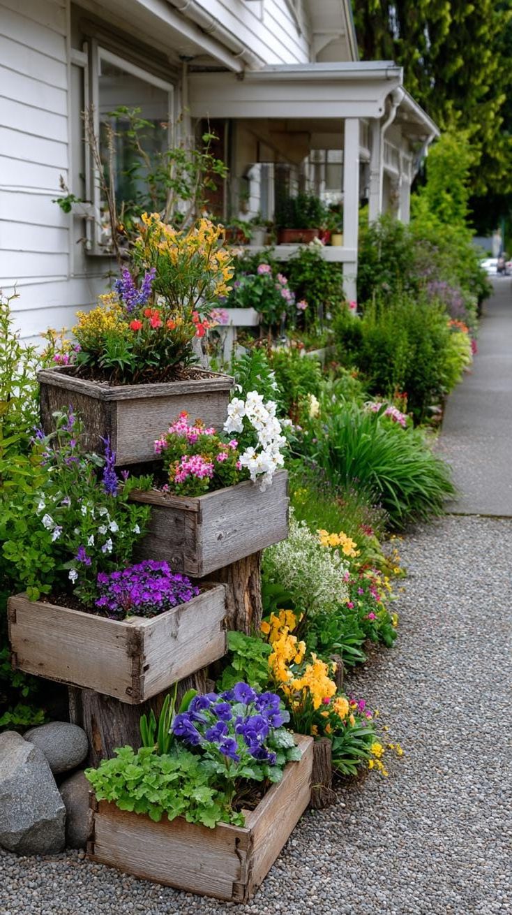 21. Wooden Crate Tower Stacked With Flowerpots - photo 2