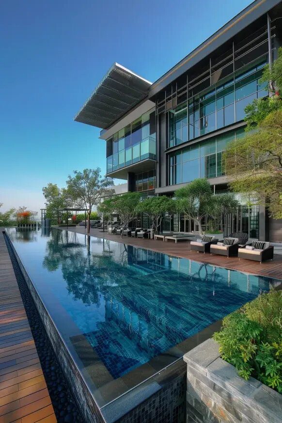 A Modern Semi Inground Pool with Architectural Lines