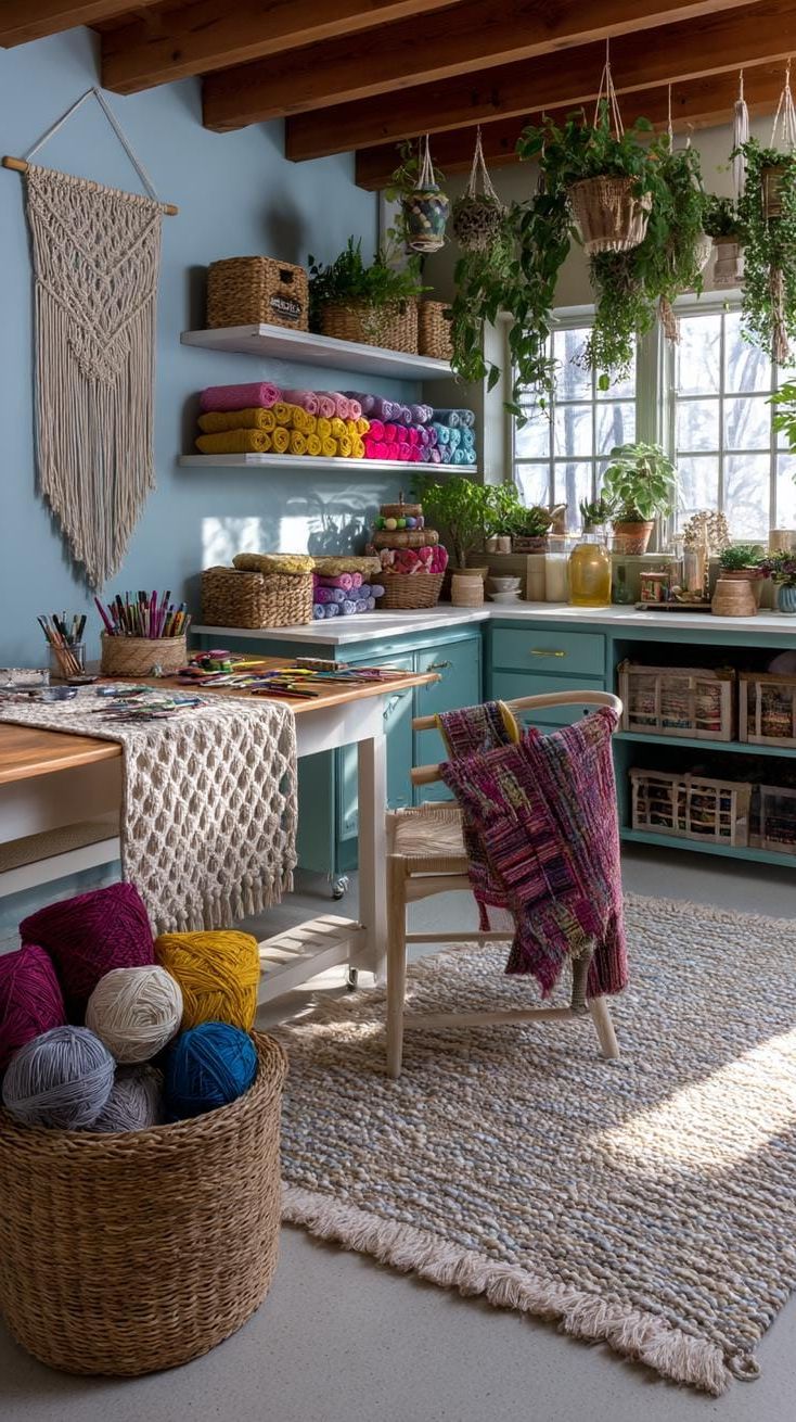 6. Boho Craft Room With Painted Wood Cabinets