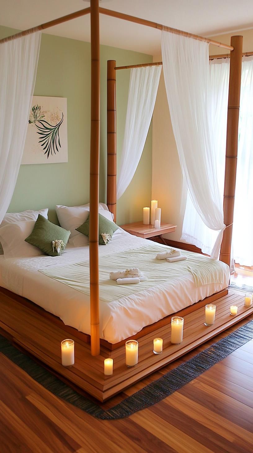 10. Romantic Olive Green Bedroom with Sheer Drapes