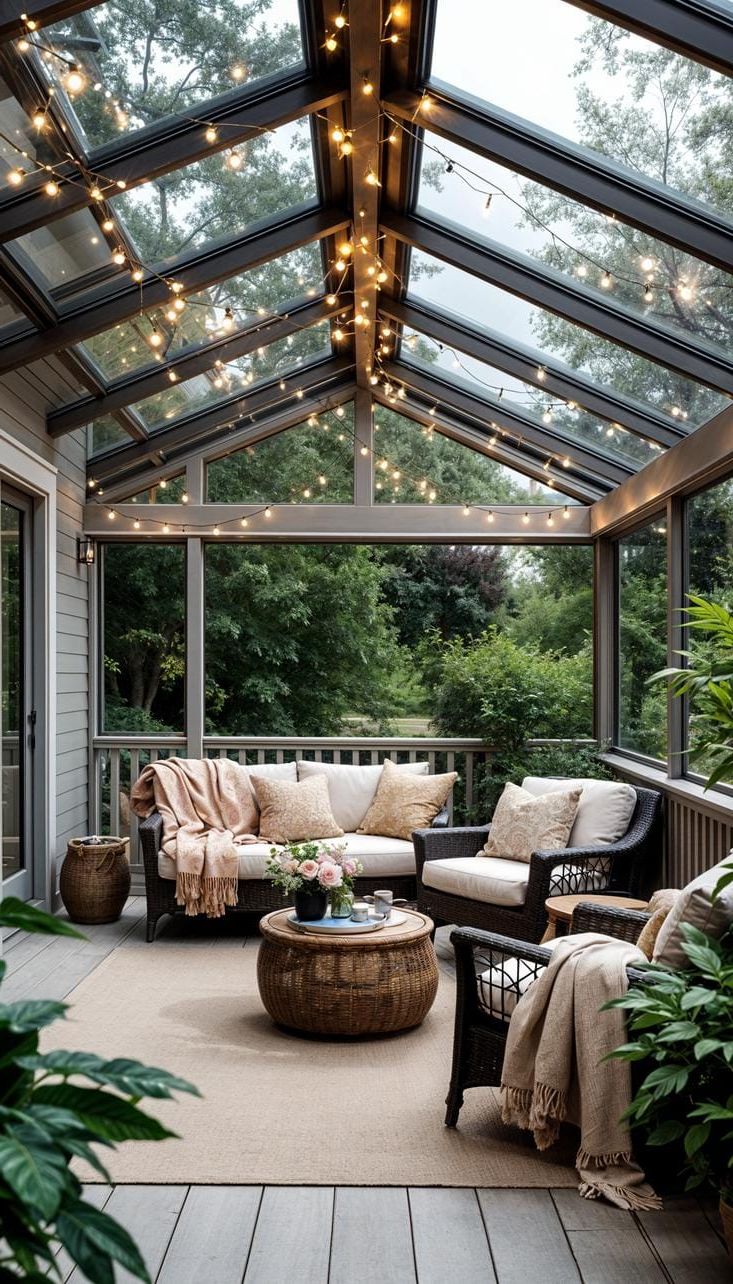 5. Fairy-Lit Deck Porch With a Glass Roof