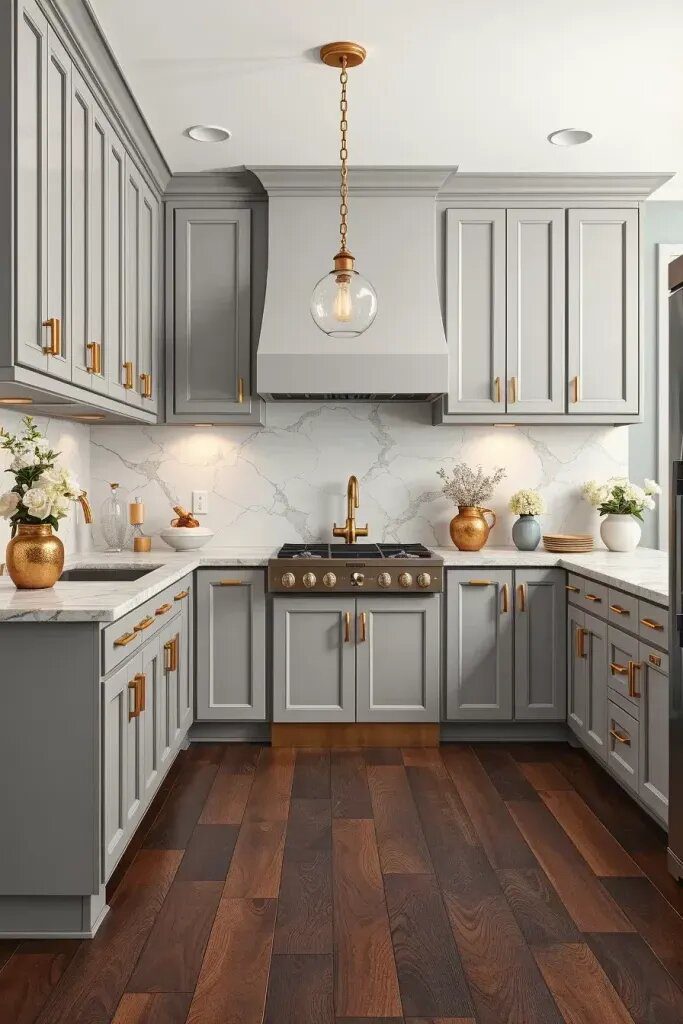 Gray Cabinets Paired with Gold Hardware