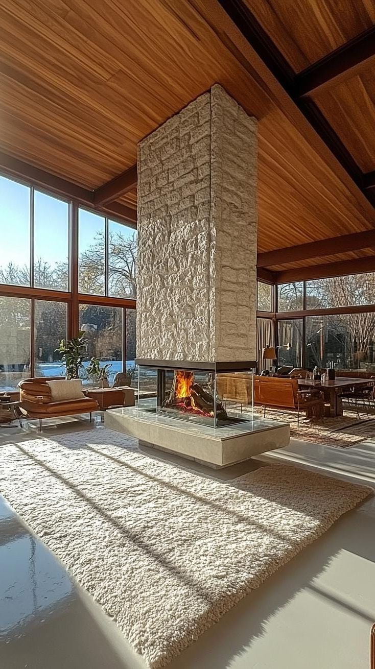 7. Glass-enclosed double-sided fireplace with stone accent wall