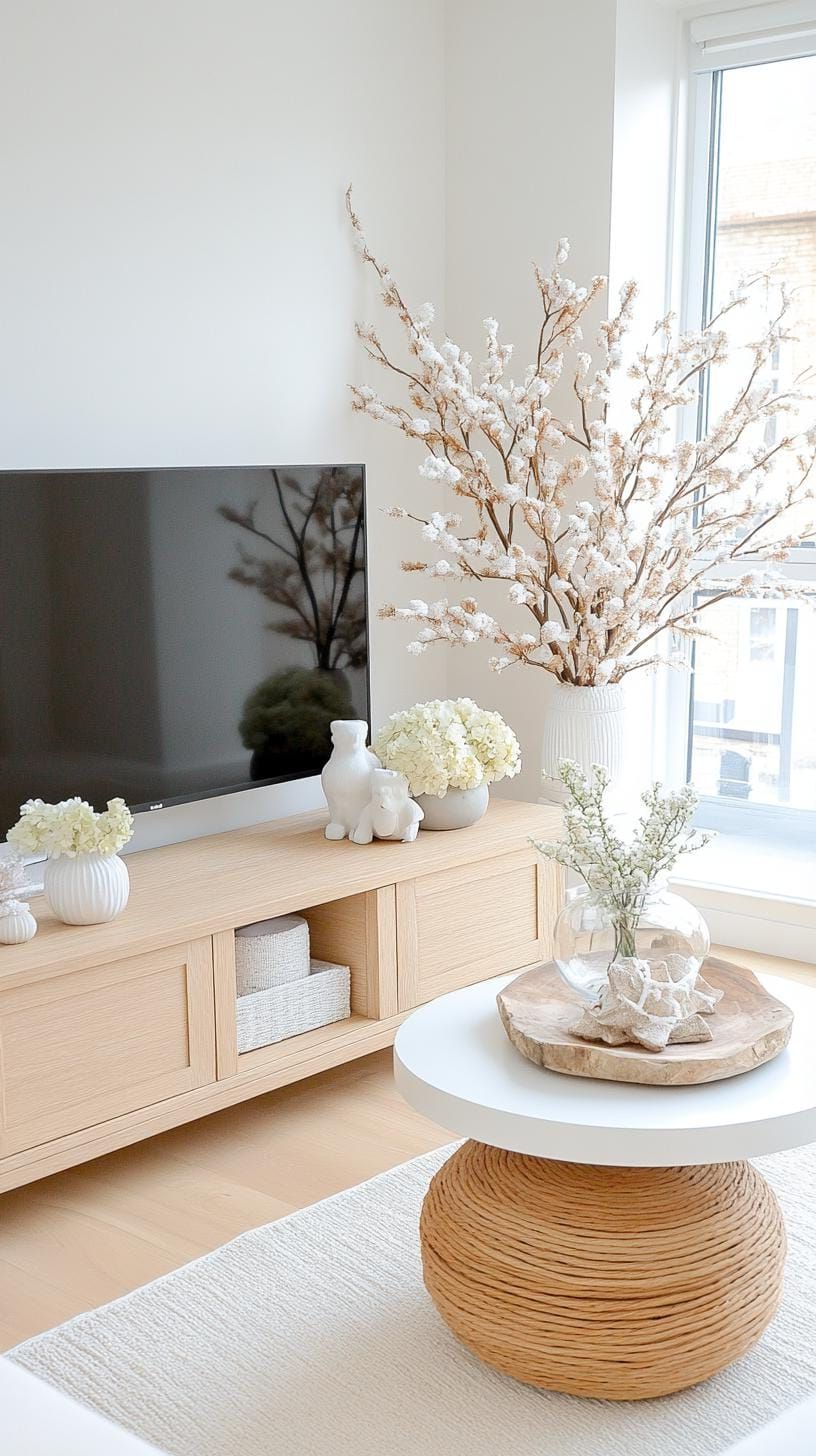 17. Monochrome TV stand mixing textures and natural elements