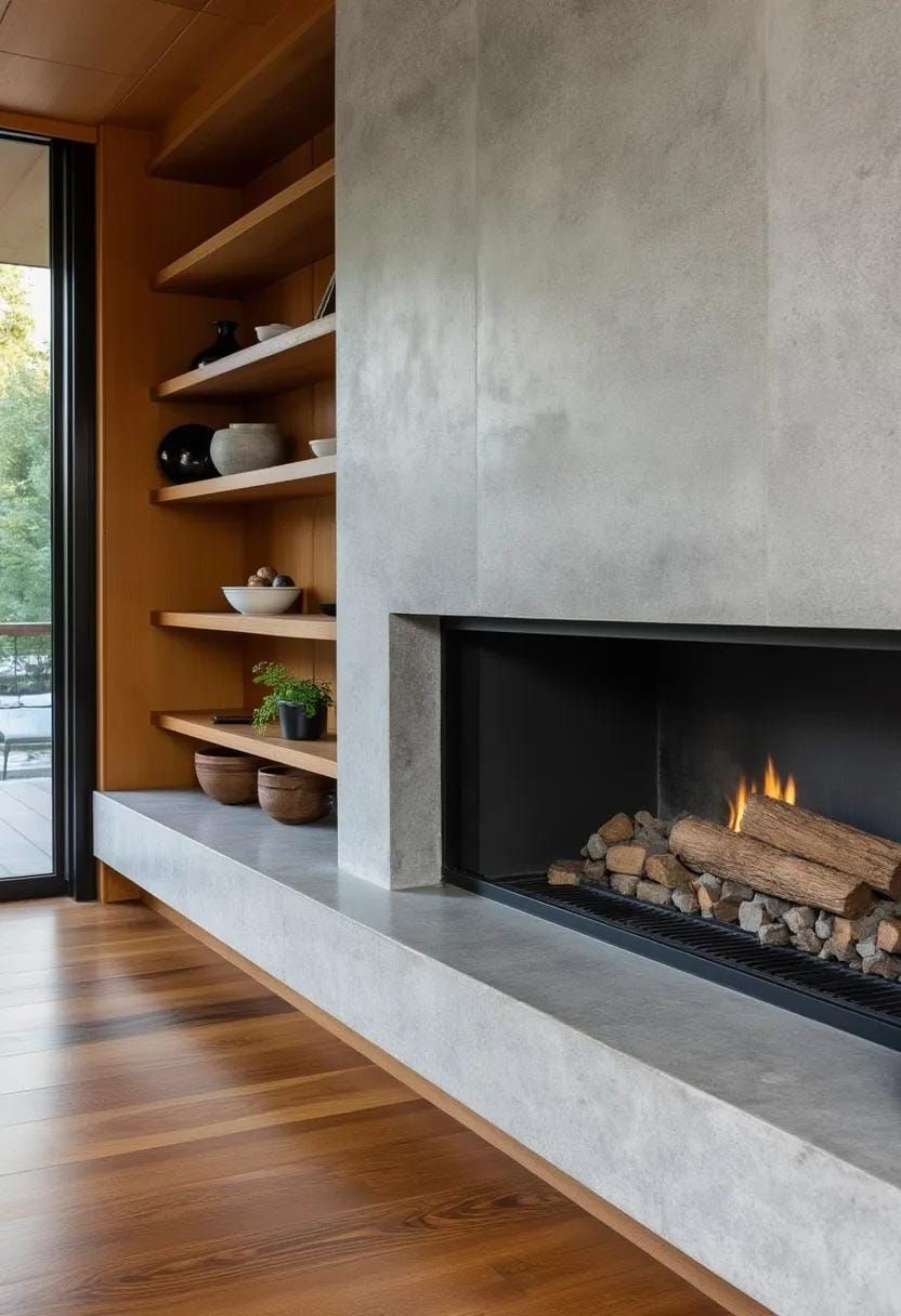 19. Concrete fireplace wall with floating wood shelving
