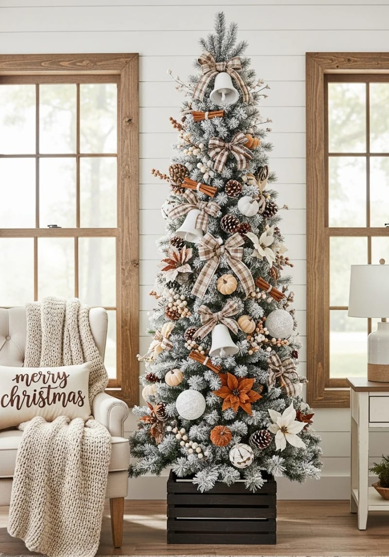 2. Flocked Tree with Cinnamon Sticks and Pinecones