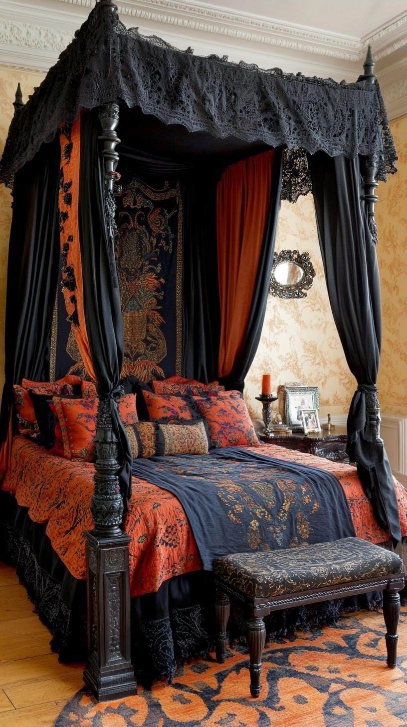 17. Dark Tapestries And Chiffon Draped Over A Four-Poster Bed - photo 2