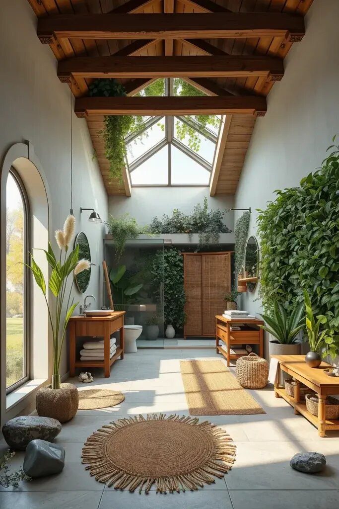 Biophilic Bathrooms With Green Walls and Skylights