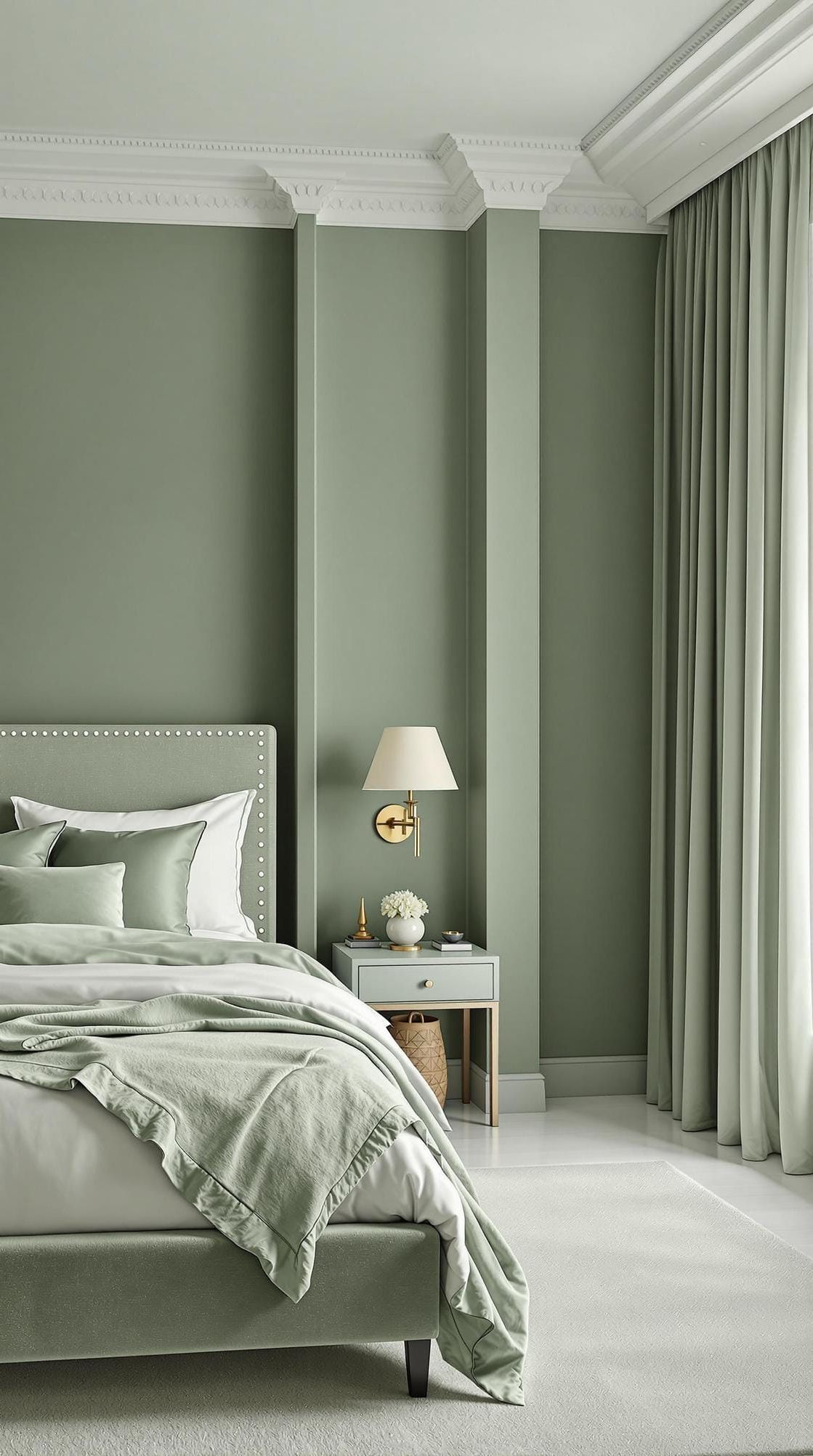 15. Monochrome Bedroom Using Layered Shades of Sage Green