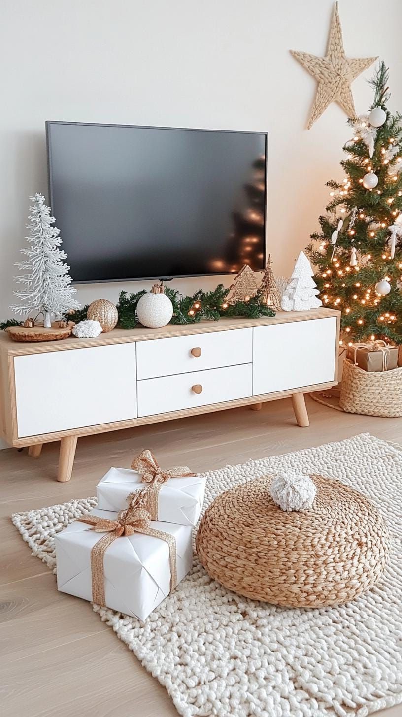 14. Simple Scandi TV stand in white and wood tones