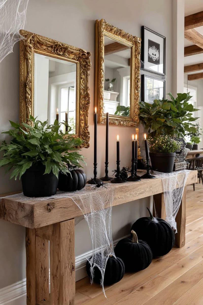 11. Cobweb-Draped Mirror Wall for Gothic Glam
