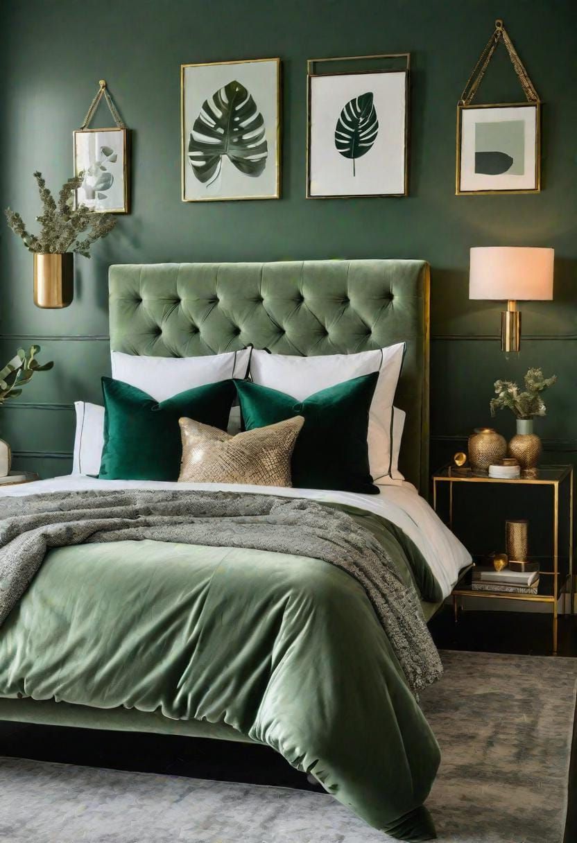 23. Eclectic Bedroom Pairing Sage Green with Metallic Accents