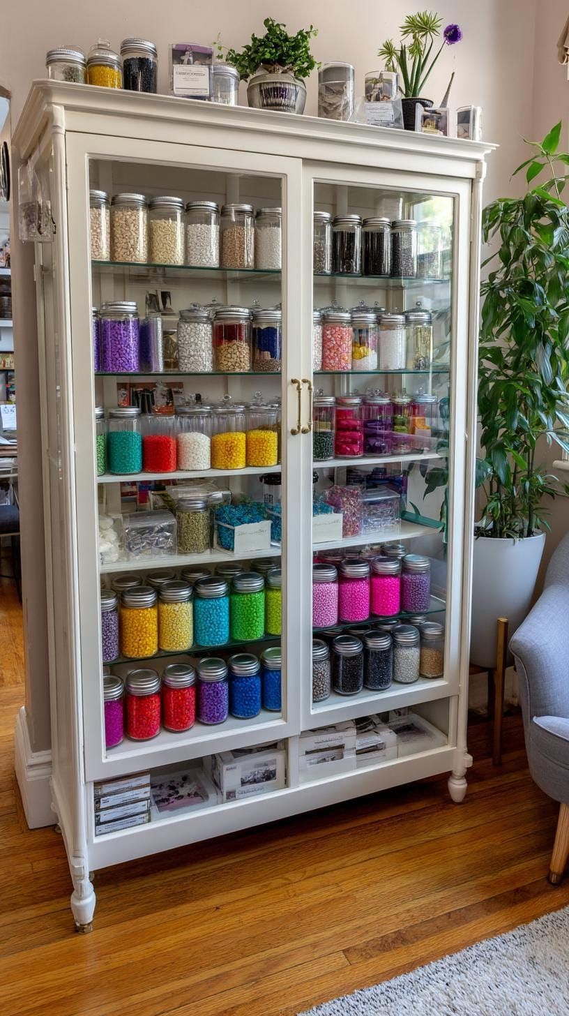 20. Glass Cabinet Display for a Vibrant Button Collection