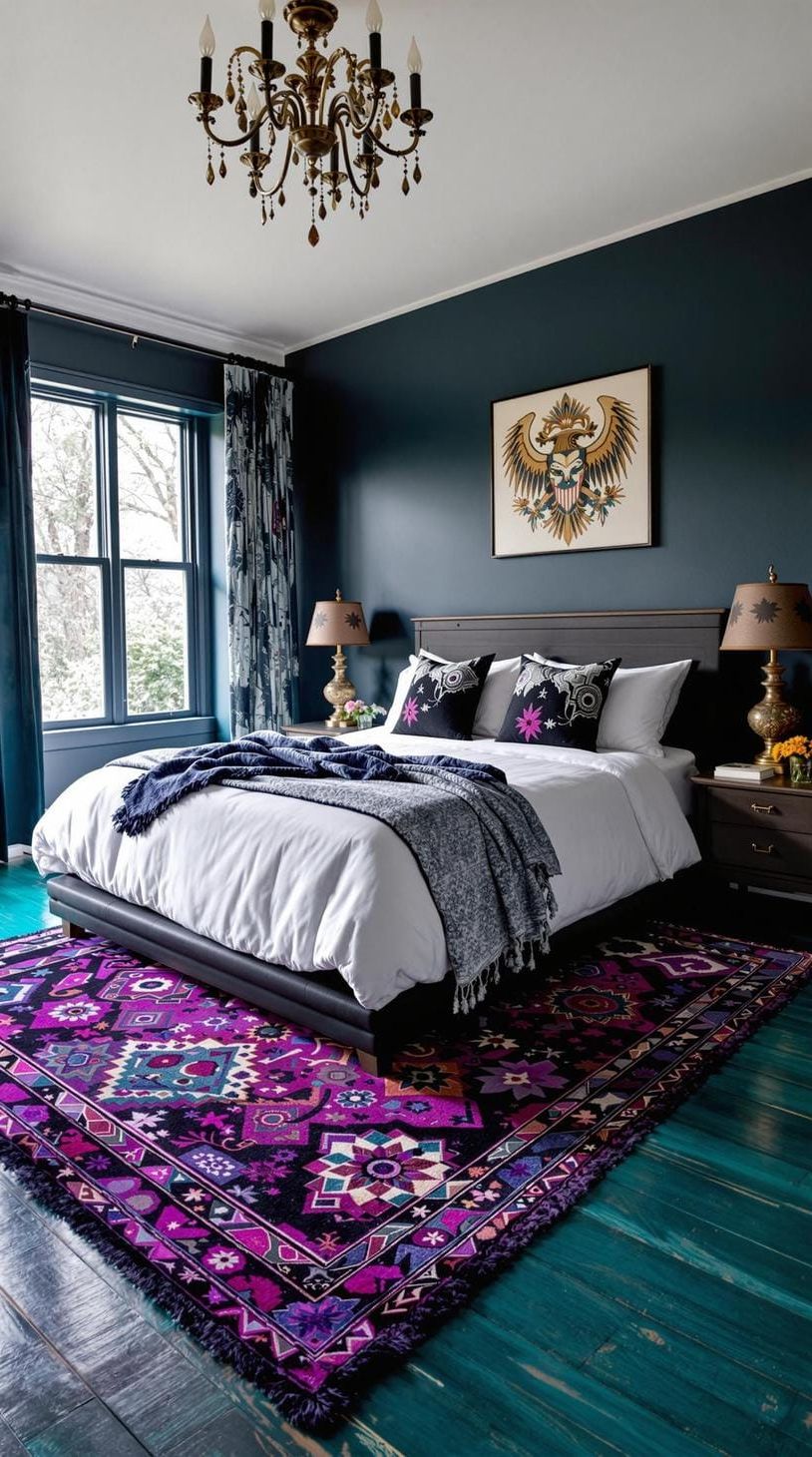 13. Purple And Black Boho Rug Over Deep Teal Flooring