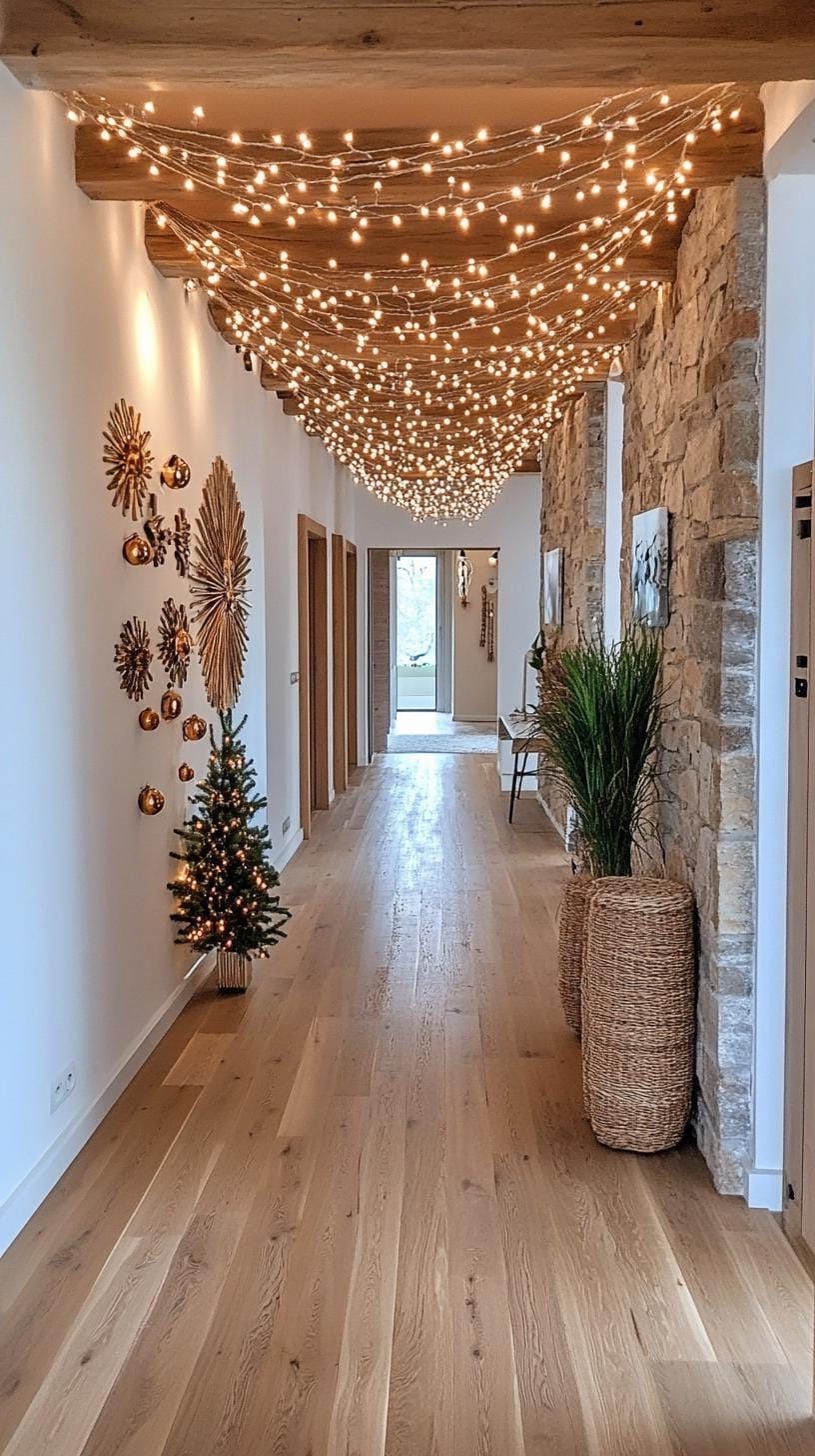 16. Simple string light canopy with metallic ornament accents