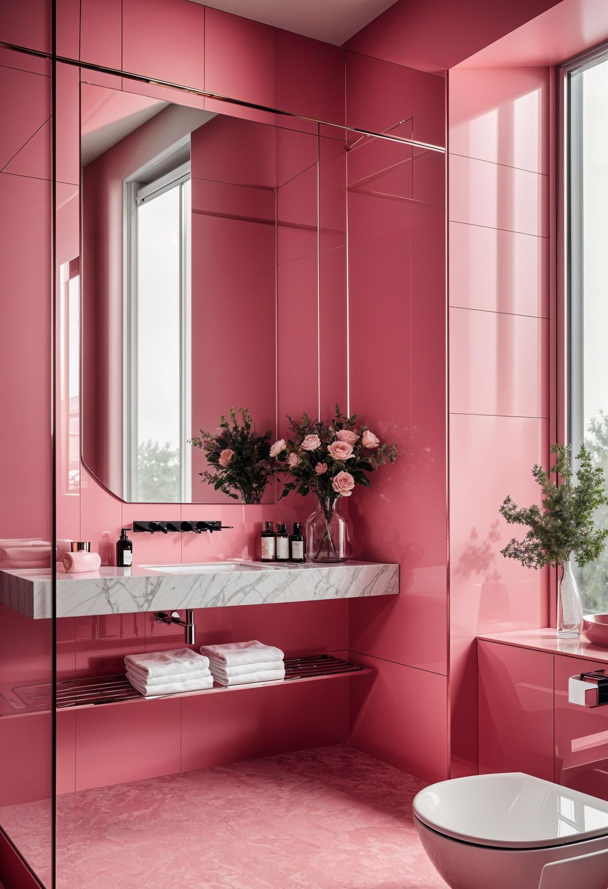 2. Stylish Pink Marble Bathroom
