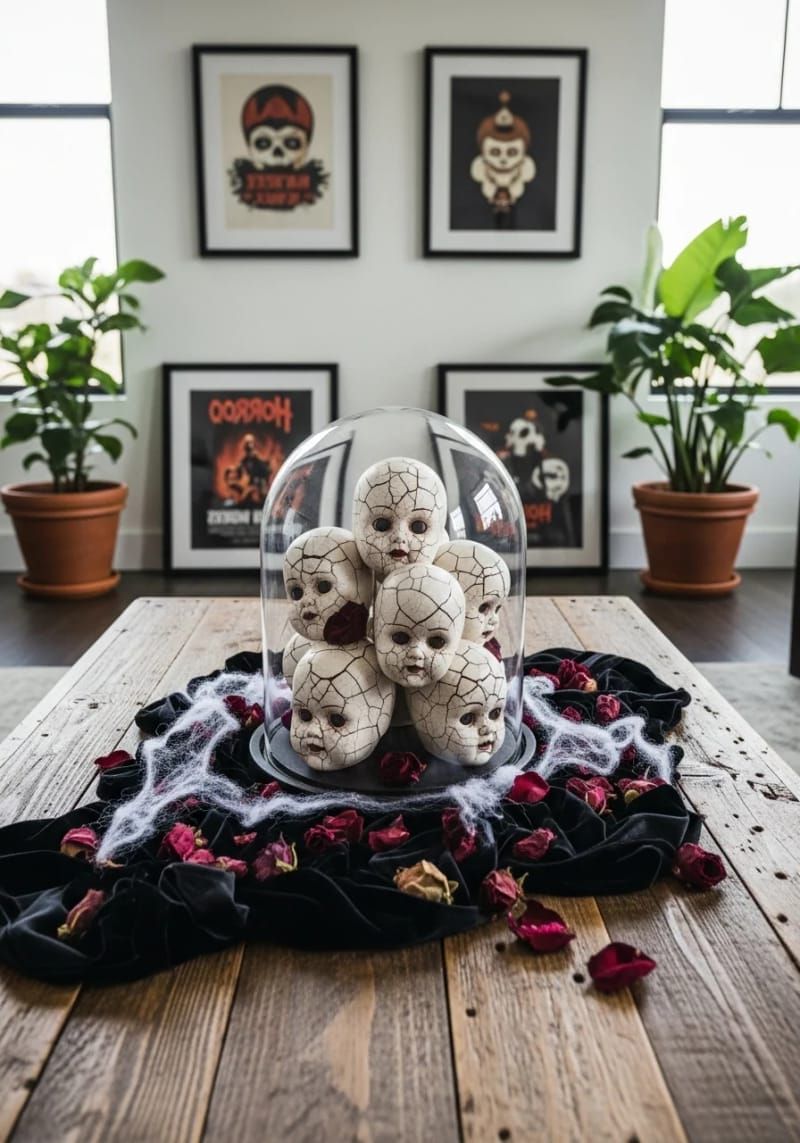 6. Creepy Doll Heads Displayed Under a Glass Dome