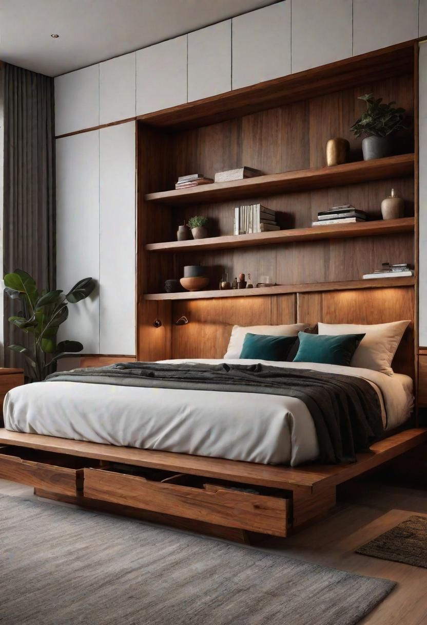 7. Teak Headboard with Built-In Shelves