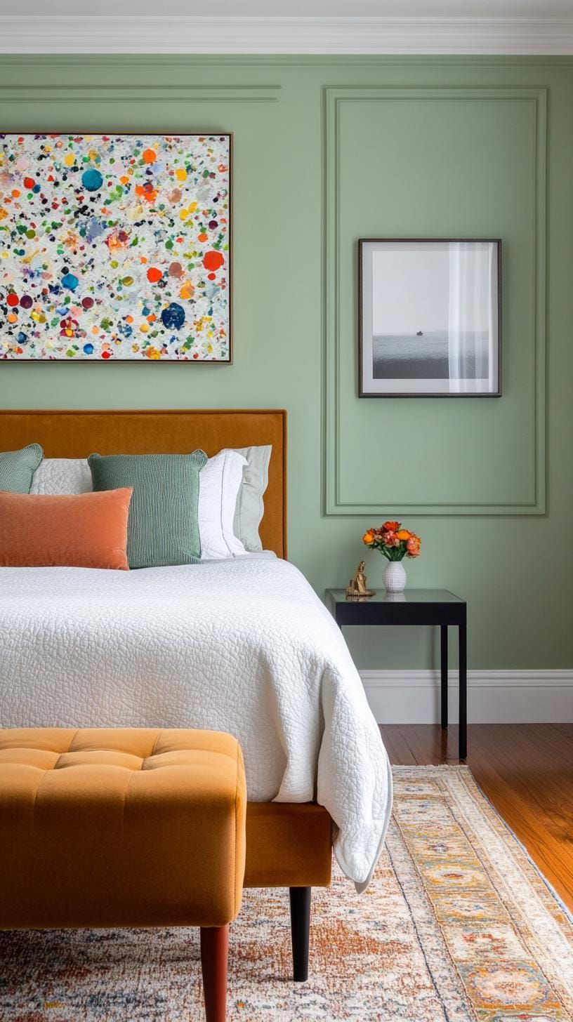 23. Eclectic Bedroom Pairing Sage Green with Metallic Accents - photo 4