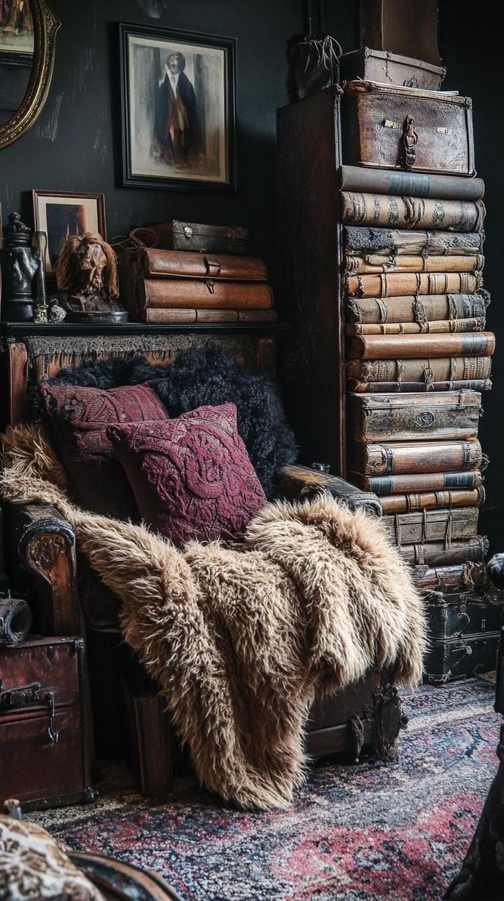 10. Rattan Chair With Faux Fur Throws And Leather Books - photo 2