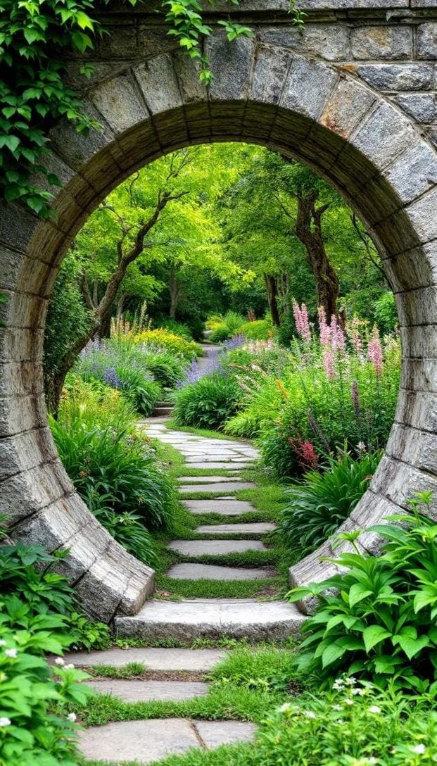 23. A moonlit garden path beneath an arched gateway