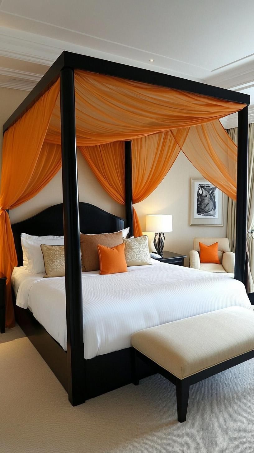 10. Dramatic black canopy bed with sheer drapes