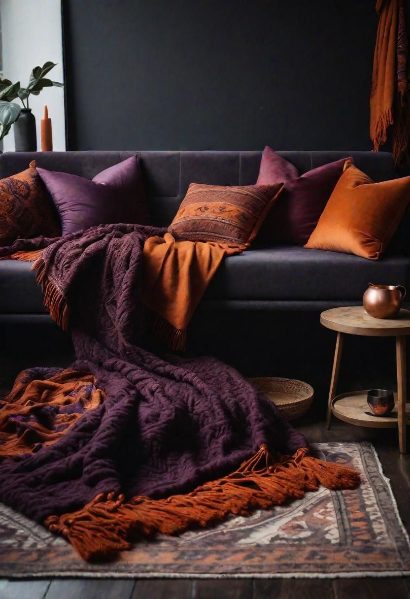 14. Layering Cozy Throw Blankets in Dark Boho