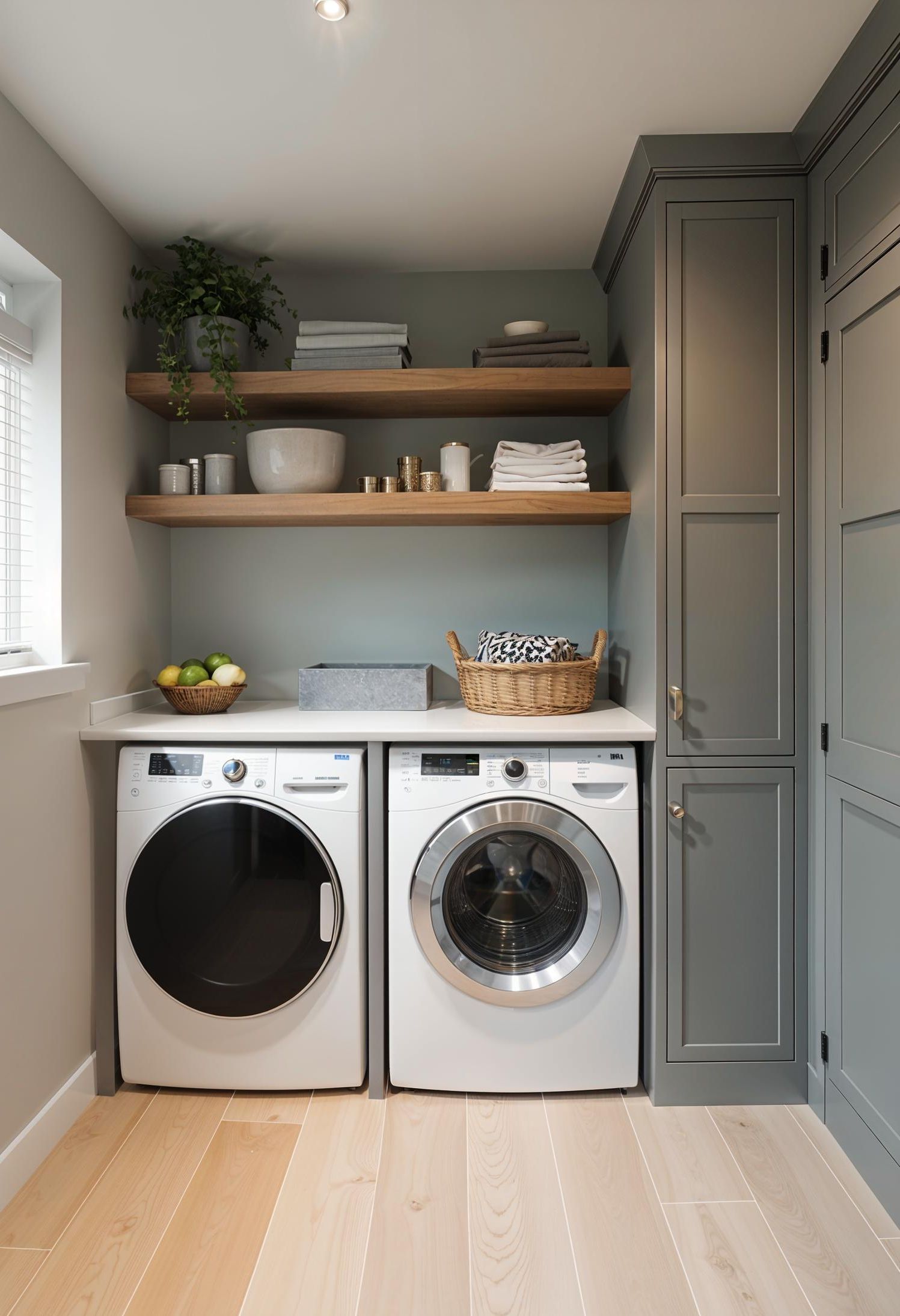 20. Contemporary gray and wood laundry room with hidden appliances