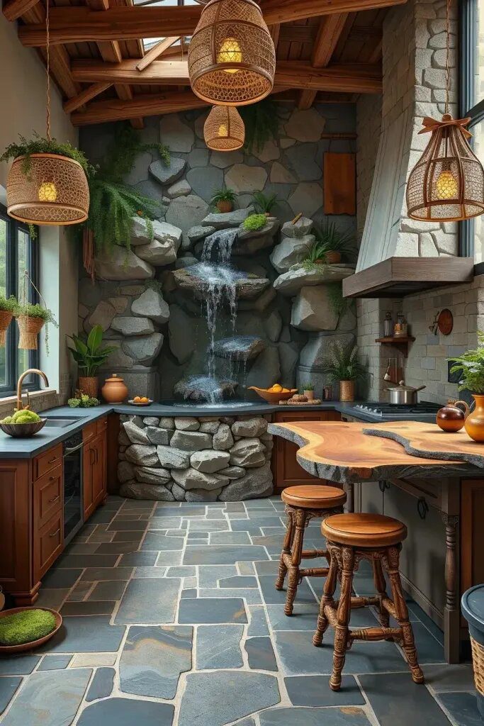 Nature Fusion Kitchens With Wood And Waterfalls