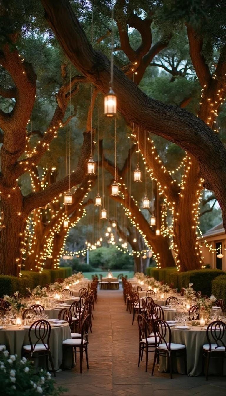 8. Oak Trees With Hanging Lanterns And Fairy Lights