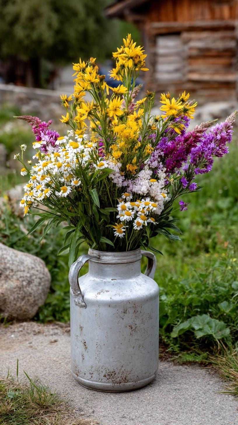 26. Vintage Milk Jug Filled With Wildflowers