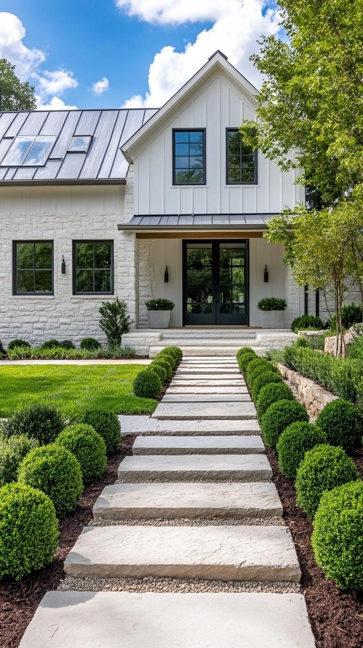 7. Stone Pavers Framed by Trimmed Shrubs