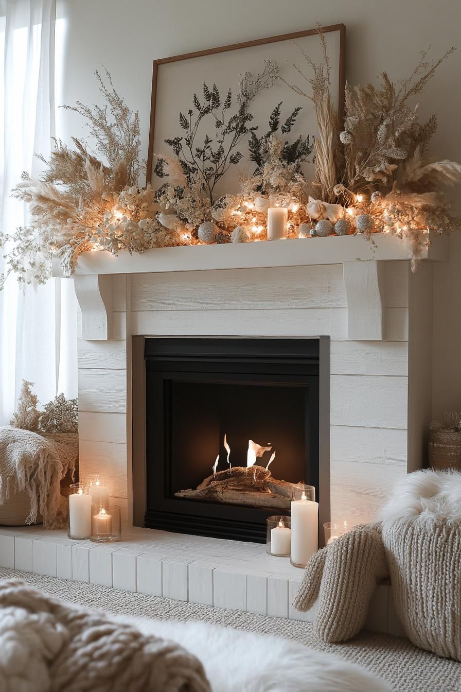 8. Dried Florals for Holiday Fireplace Decor