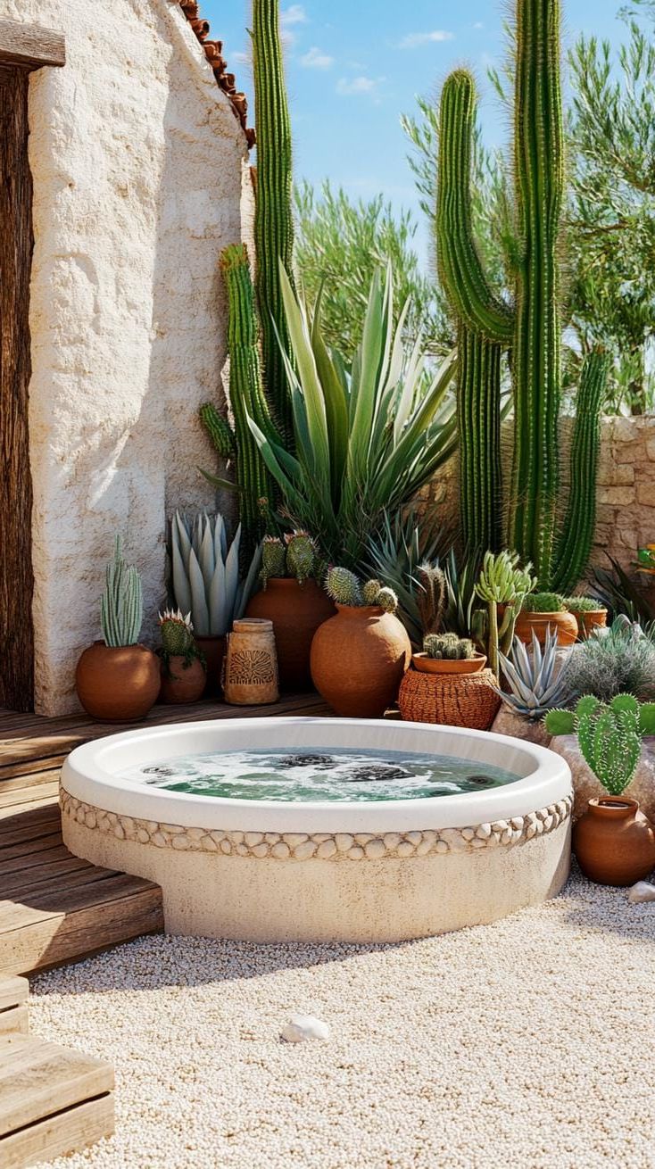 27. Desert-themed hot tub with succulents and cacti