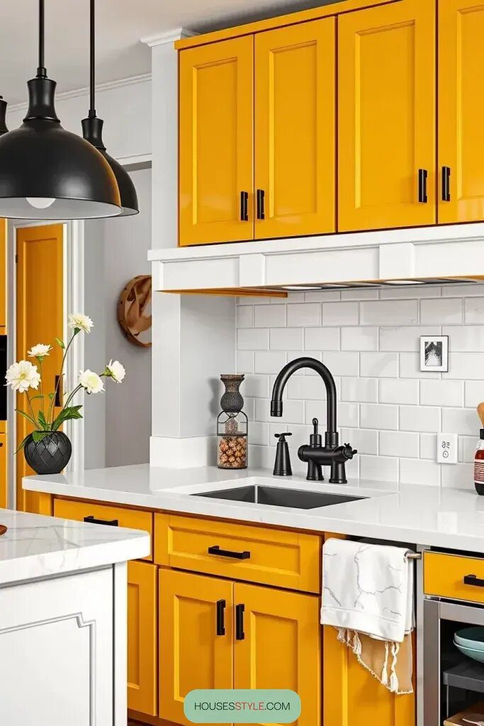 Matte Black Handles for Sunny Yellow Cabinets