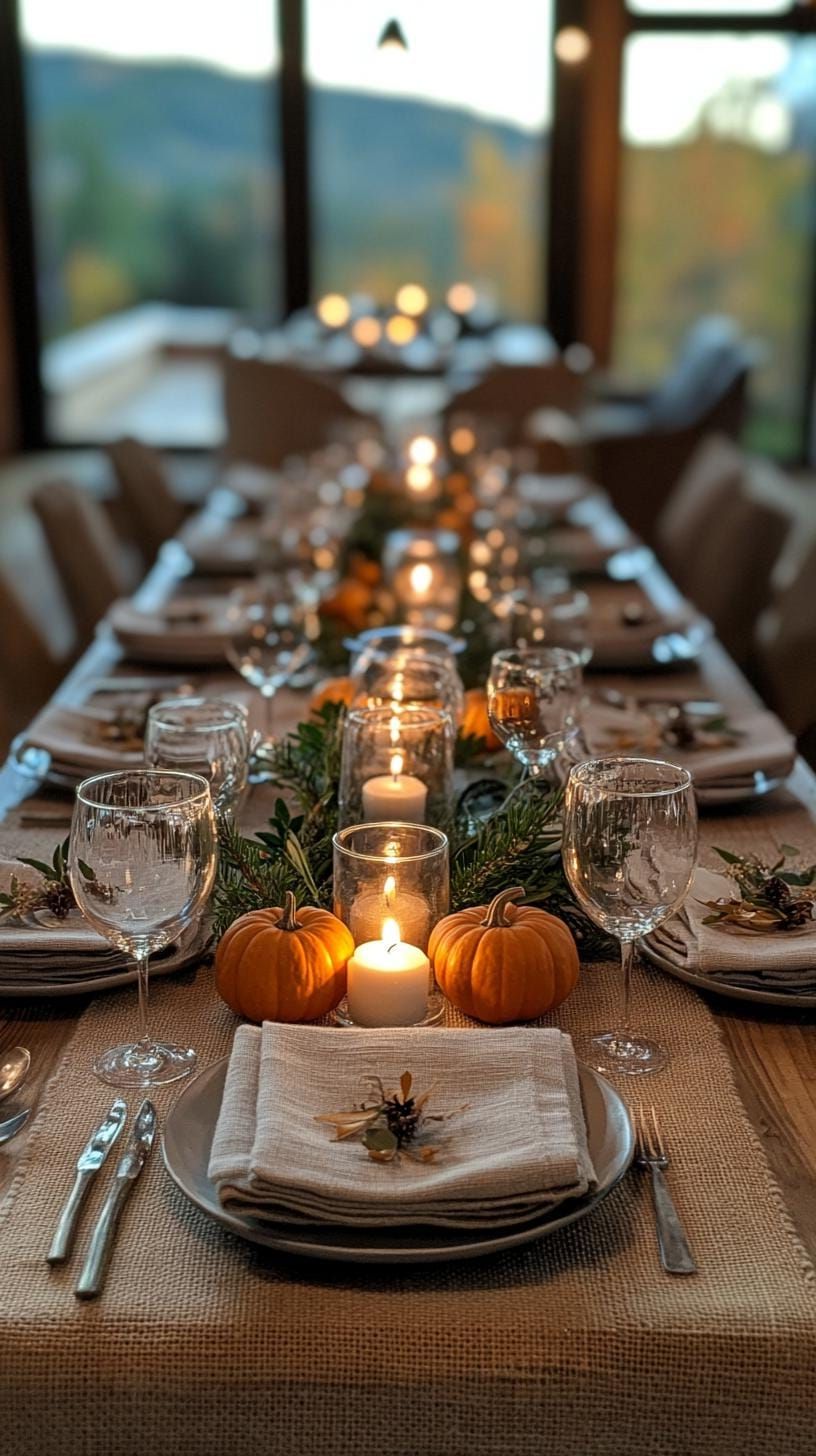 1. Mini Pumpkin Runner With Scattered Tea Lights on Burlap