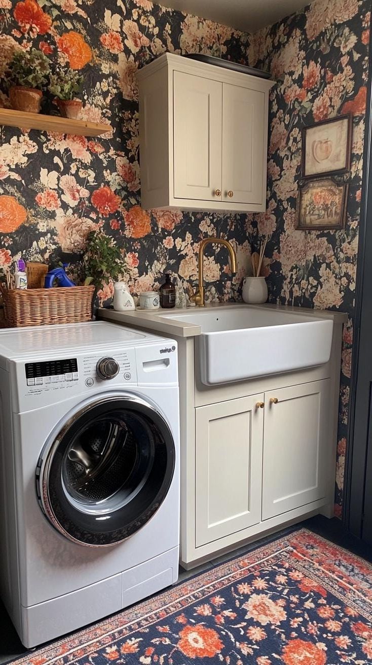 19. Vintage laundry room with apron sink and patterned wallpaper - photo 3