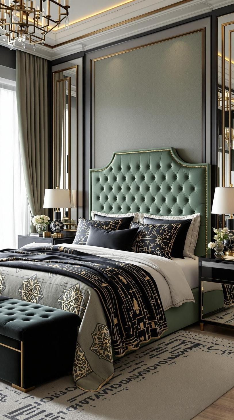 6. Art Deco Haven with a Sage Green Velvet Headboard