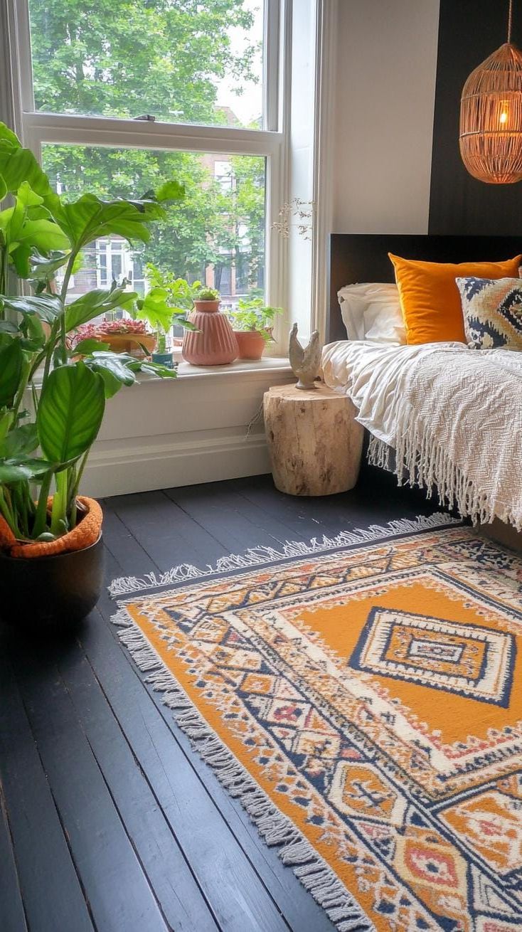 17. Layered Persian Rugs Over Dark Wood Floors