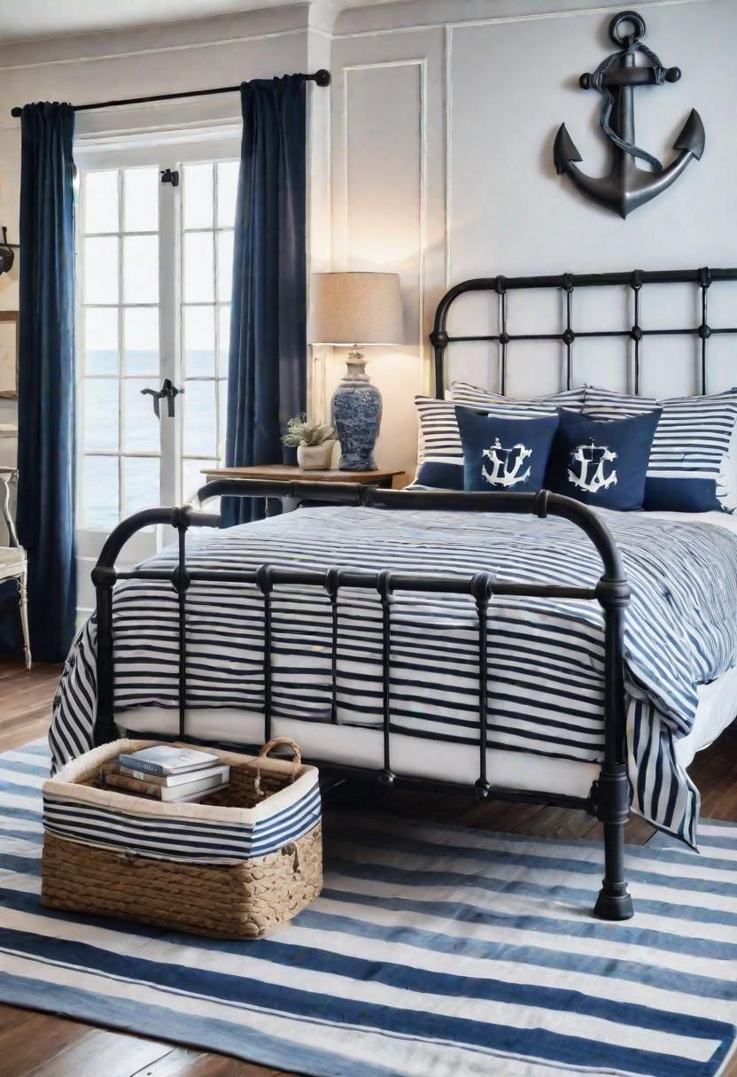 2. Vintage Bed Frame with Nautical Bedding