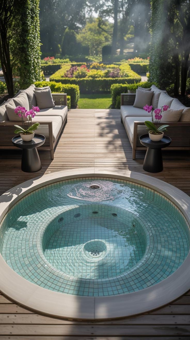 28. Step into Luxury: Enjoy a Circular Hot Tub Surrounded by Stunning Wood Decking